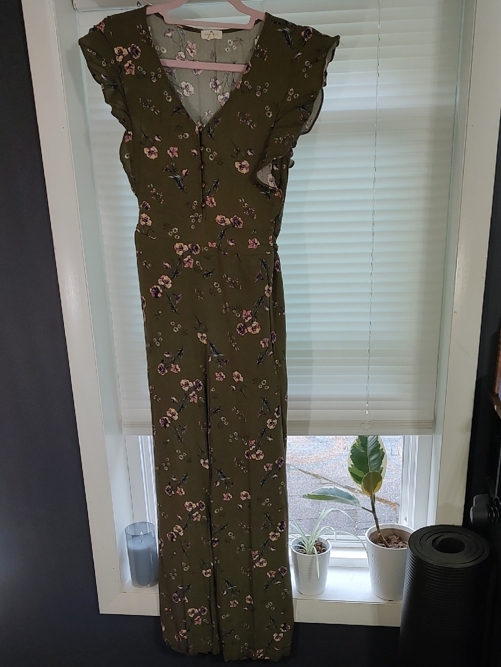 Olive Floral V-Neck Ruffle Jumpsuit